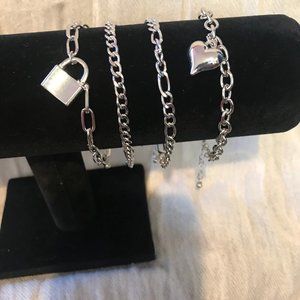 4 Silver Tone Bracelets with extenders Puffed Heart Lock